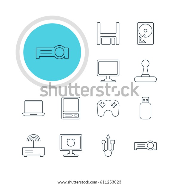 Illustration Of 12 Notebook\
Icons. Editable Pack Of Screen, Game Controller, Router And Other\
Elements.