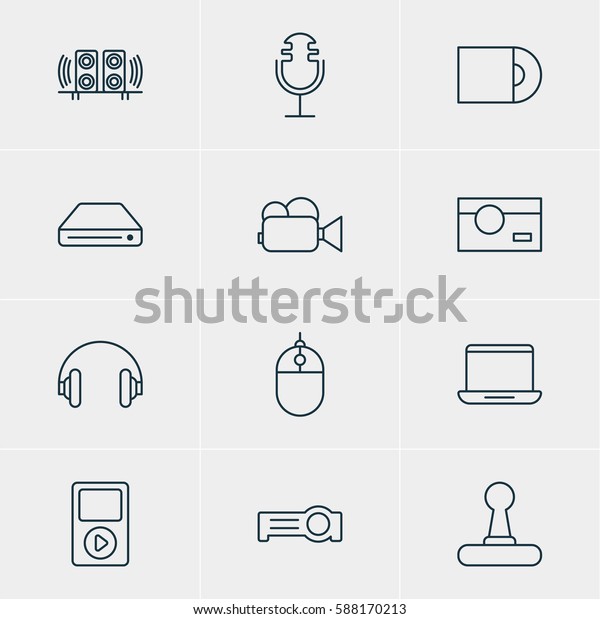 Illustration Of 12 Technology\
Icons. Editable Pack Of Floodlight, Camcorder, Headset And Other\
Elements.