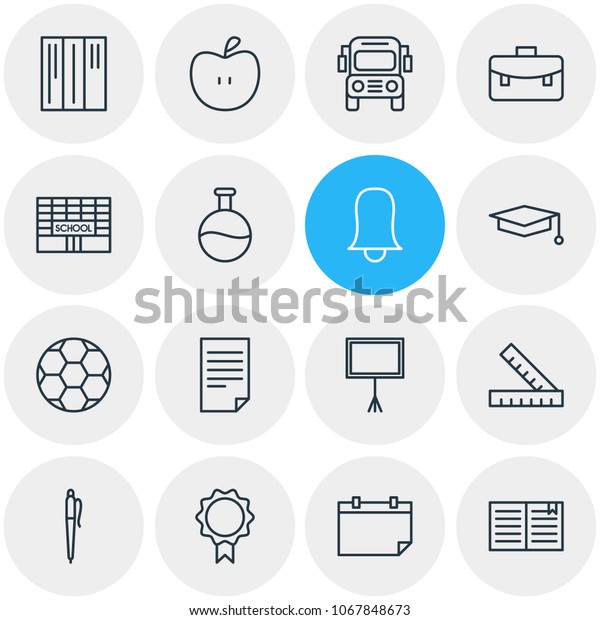 illustration of 16 education icons line style.\
Editable set of document, graduation hat, rulers and other icon\
elements.