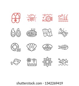 Illustration Of 16 Nautical Icons Line Style. Editable Set Of Porthole, Fish Bone, Scallop And Other Icon Elements.