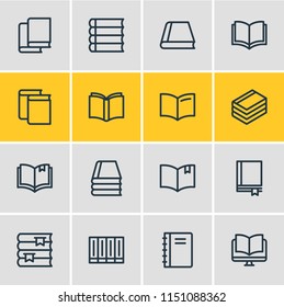 Illustration Of 16 Read Icons Line Style. Editable Set Of Bookstore, Spiral Book, Publication And Other Icon Elements.