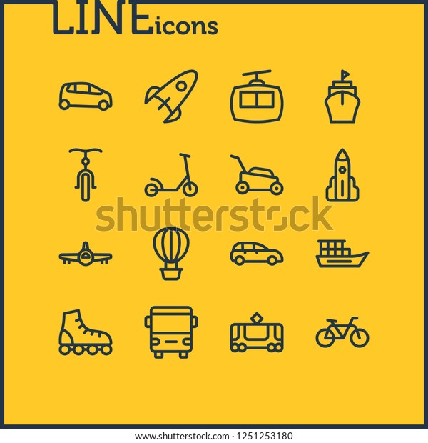 illustration of 16 transit icons\
line style. Editable set of bike, tram, vessel and other icon\
elements.