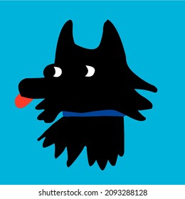 illustration of 1x1 black dog on a blue background. logo or sticker. scribble. freehand drawing