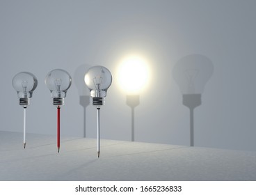 Illustration Of 2 White Pencils, 1 Red With A Tube Head. There Is A Shadow On The Wall But Only A Red Pencil. The Shadow Is A Bright Light. Concepts Are Endless Energy And Creativity. 3D Illustration