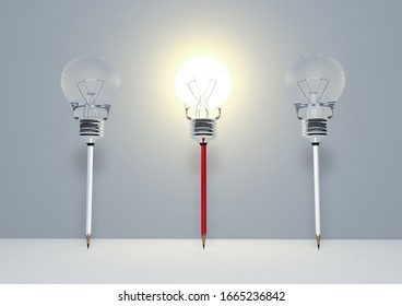 Illustration. 2 White Pencils, 1 Red, All With A Bulb Head. But The Only Red Pencil With Lights. The Concept Is Endless Energy And Creativity. 3d Illustration