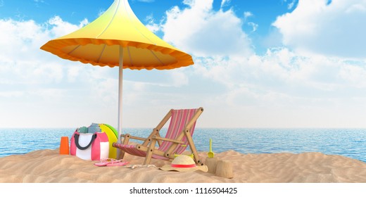 
Illustration 3 d. Summer beach. Coast of the sea, umbrella, chaise longue, inflatable ball, hat, bag with things and other items for rest on the sand. Summer background illustration for beach holiday - Shutterstock ID 1116504425