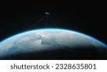 Illustration 3D abstract render of satellite transmitting data or signal by laser to Earth planet. Transfer 5G web communications, global network connection. Concept of modern innovative space