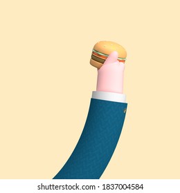 Illustration 3D Of An Arm Holding A Burger, Snack, Concept Of Being Hungry, Eating, Render 3D