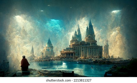 Illustration 3d Of Atlantis, Ancient Civilization, History And Mythology, Legend City Sunken Under The Water 