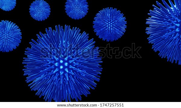 Illustration 3D of blue\
coronavirus or virus isolate on black background. Health care and\
medicine\
concept.