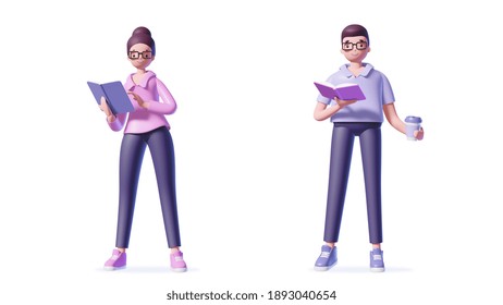 Illustration of 3d busines man and woman in glasses with a book and coffee cup on white background - Powered by Shutterstock