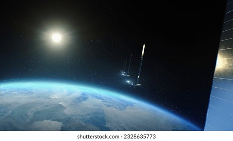 Illustration 3D computer graphics of satellites flying in orbit of planet Earth, transmitting worldwide 5G communications signal and global network connection. Concept of modern innovative internet
