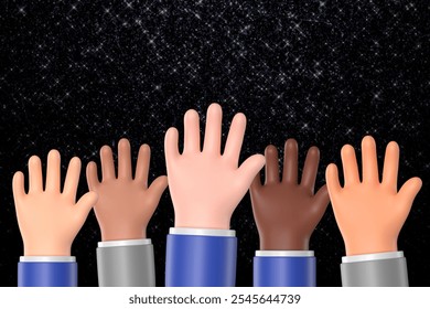 Illustration of 3D diverse hands raised against a starry sky. Various 3D skin tones. Hands reaching up. 3D Diversity and unity. Hands in the night sky. - Powered by Shutterstock