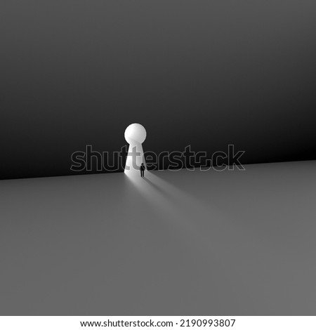 Illustration. 3D drawing and rendering. Light is coming from the keyhole. The man walking towards the light. 3D rendering.
