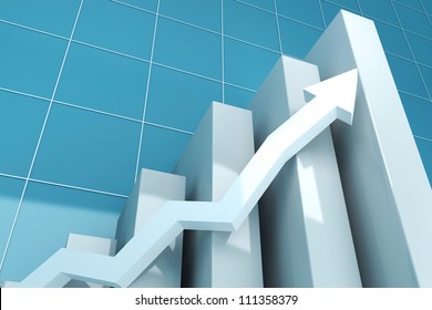 illustration of 3d image of business graph with growing arrow
