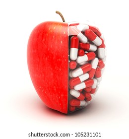 illustration of 3d image of red apple filed with vitamin capsule