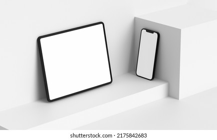 Illustration 3d Render Of Isometric Rectangles Simulating A Telephone In A 3d Space With Blank Spaces. From Different Perspectives And Views To Help Rock Up For Applications. IPhone IPad