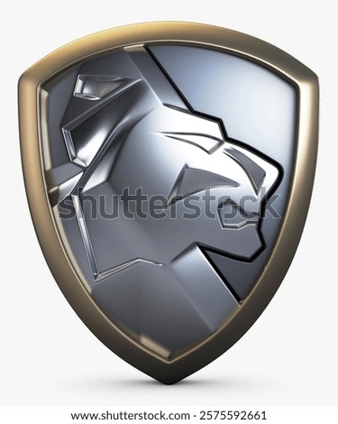 Illustration 3D Render Lion Shield Insignia Chrome Decorative Metal Ornament