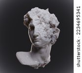 Illustration from 3D rendering of classical style broken male head sculpture isolated on black background.