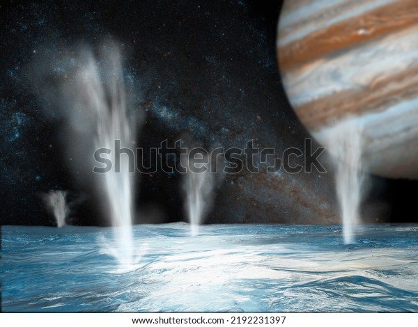 Illustration 3d and rendering of geysers on\
Jupiter’s moon\
Europa