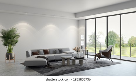 Illustration 3D Rendering Large Luxury Modern Bright Interiors Living Room Mockup Computer Digitally Generated Image