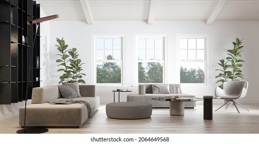 Illustration 3D Rendering Large Luxury Modern Bright Interiors Living Room Mockup Computer Digitally Generated Image