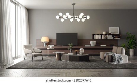 Illustration 3D Rendering Large Luxury Modern Bright Interiors Living Room Mockup Computer Digitally Generated Image