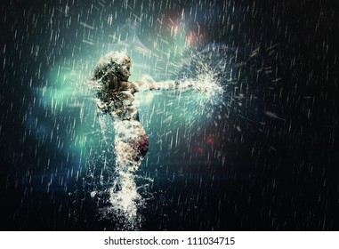 Illustration of 3D splashing girl dancing in the rain.