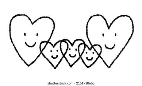 Illustration with 5 smiling hearts overlapping in monochrome