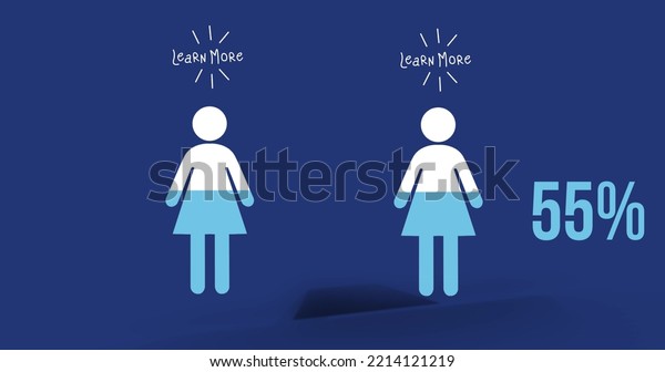 Illustration\
of 55 percentage with learn more text and rays over females on blue\
background. Copy space, information, push button, human\
representation, loading, growth,\
technology