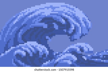 Illustration 8 Bit Tsunami Wave Cartoon On Blue Background Can Use For Decorate Your Website Or Your Presentation 