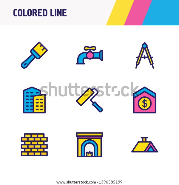 illustration of
9 construction icons colored line. Editable set of sell house,
brush, building and other icon
elements.