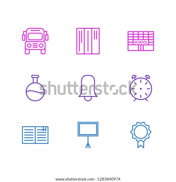 illustration of 9\
education icons line style. Editable set of bell, building, school\
bus and other icon\
elements.