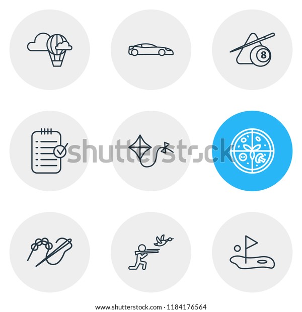 illustration of 9 hobby icons\
line style. Editable set of kite, billiard, golf and other icon\
elements.