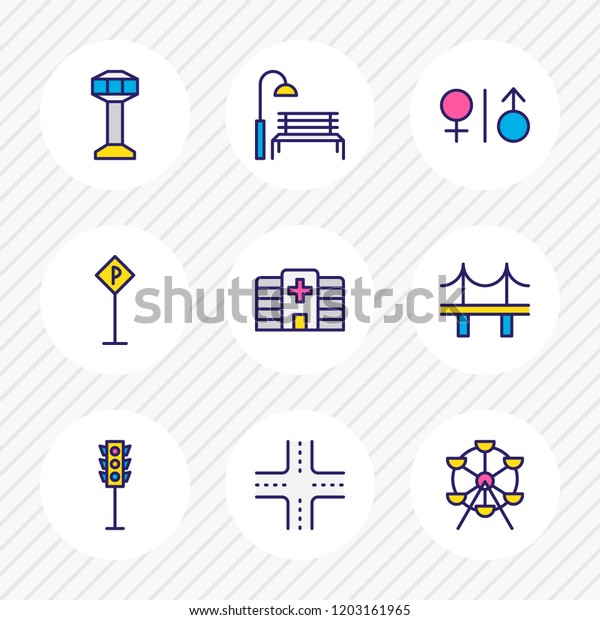 illustration of 9 infrastructure icons colored\
line. Editable set of bridge, traffic light, airport and other icon\
elements.