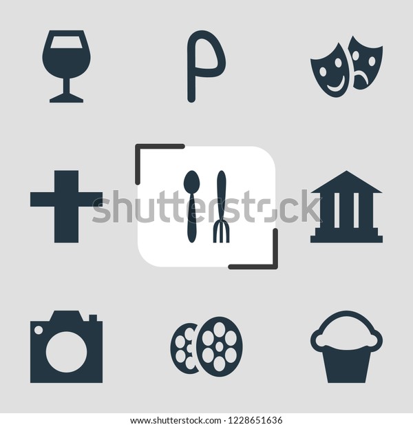 illustration of 9 location\
icons. Editable set of camera, restaurant, religion and other icon\
elements.