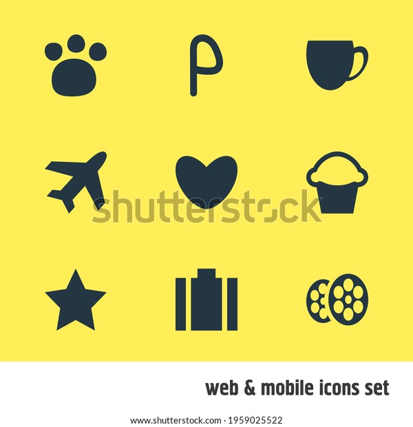 illustration of 9 location\
icons. Editable set of parking sign, portfolio, star and other icon\
elements.