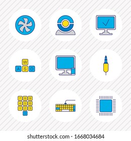 Illustration Of 9 Notebook Icons Colored Line. Editable Set Of Fan, Cpu, Web Cam And Other Icon Elements.