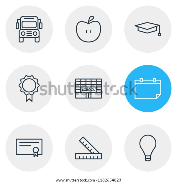 illustration of\
9 science icons line style. Editable set of graduation hat, award,\
calendar and other icon\
elements.