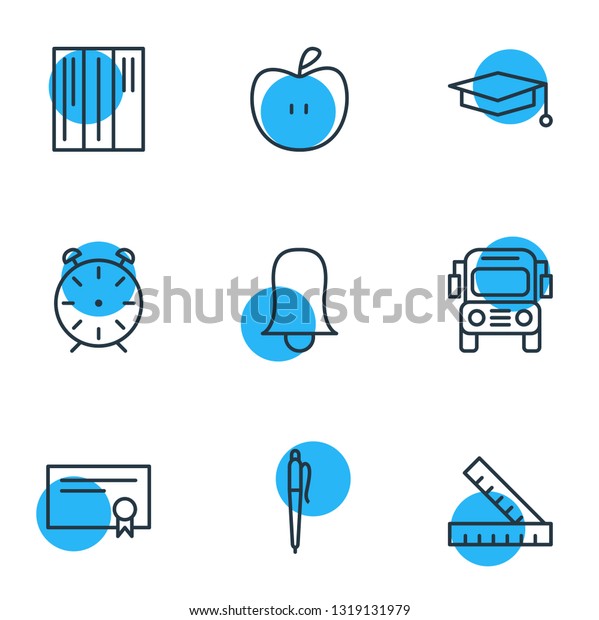 illustration of 9 studies\
icons line style. Editable set of school bus, rulers, apple and\
other icon\
elements.