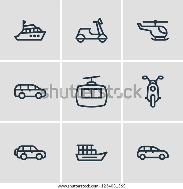 illustration of 9 transit icons\
line style. Editable set of helicopter, mpv, suv and other icon\
elements.