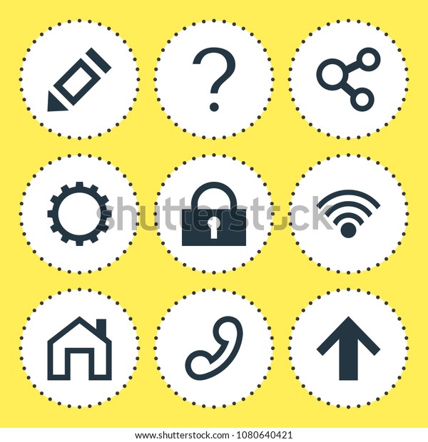 illustration of 9 user icons. Editable set\
of homepage, lock, guide and other icon\
elements.