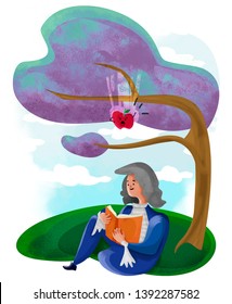 Illustration About Isaac Newton, Discovery Of The Law Of Gravity And The Threatening Apple.