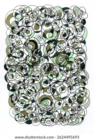 The illustration is an abstract composition made with a multitude of intertwined circles and spirals. The lines are thin and lively, they form a complex, chaotic, harmonious network.