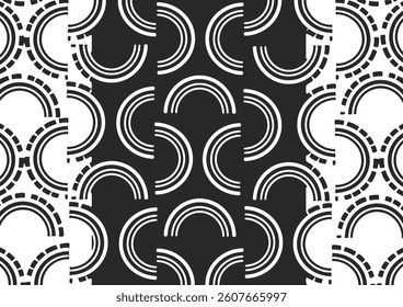 Illustration of abstract pattern of semicircle shape on black and white alternating pattern background.