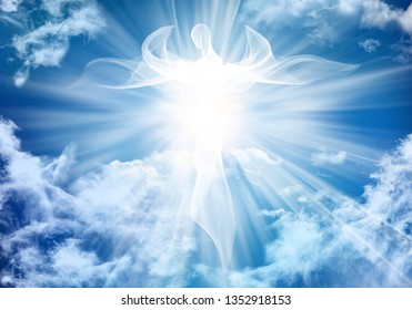 Illustration abstract white angel. Sky clouds with bright light rays