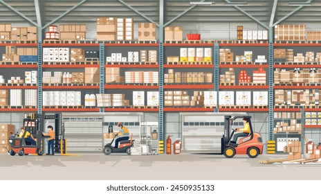 Illustration of an active warehouse with employees, forklifts, and stacks of goods. - Powered by Shutterstock