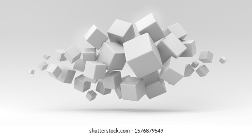 Illustration for advertising. Many flying cubes on a white background. 3d render illustration.