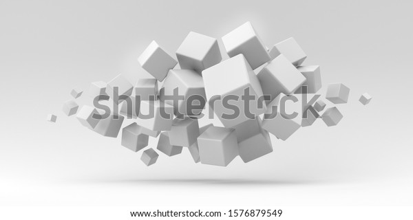 広告用のイラスト 白い背景に多くの立方体を飛ばす 3dレンダリングイラスト のイラスト素材