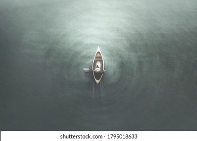 Illustration Of Aerial View Of Man Paddling On A Canoe In The Water, Minimal Summer Sport Concept
